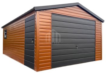 Garaż blaszany 5x6 m - brama uchylna - drzwi - okno - złoty dąb - drewnopodobny - dach dwuspadowy SO189