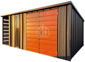 Schowek - Domek ogrodowy 6x5 m + wiata 1 m - brama dwuskrzydłowa - okno - antracyt - blacha na rąbek - dach spad w tył SO210