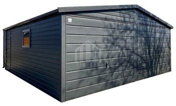 Garaż blaszany 6x5,8 m - 2x brama uchylna - drzwi - okno - antracyt - dach dwuspadowy - rynny SO190