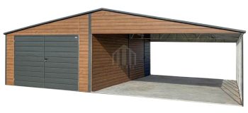Garaż blaszany 4x6 m + wiata 6x6 m - brama dwuskrzydłowa - drzwi - antracyt - ciemny orzech - drewnopodobny - dach dwuspadowy SO187