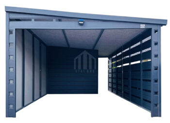 Carport - wiata samochodowa 3,5x6 m - pomieszczenie gospodarcze - drzwi - okno - antracyt - dach spad w bok SO217
